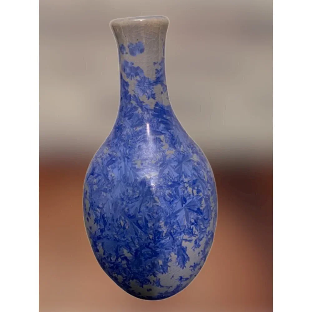 Vintage Handmade Signed Blue White Crystalline Teardrop Vase 8